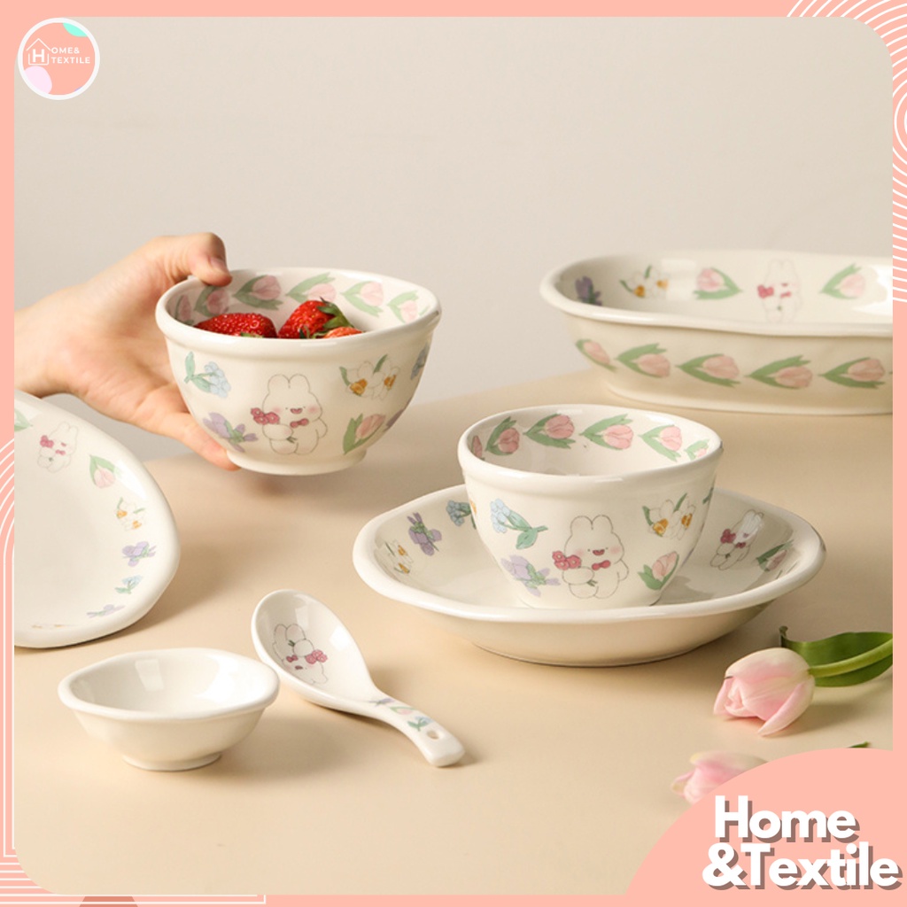 【พร้อมส่ง】จานชามเซรามิค🐰🌷 ลายกระต่าย Momo Rabbit สไตล์ญี่ปุ่น