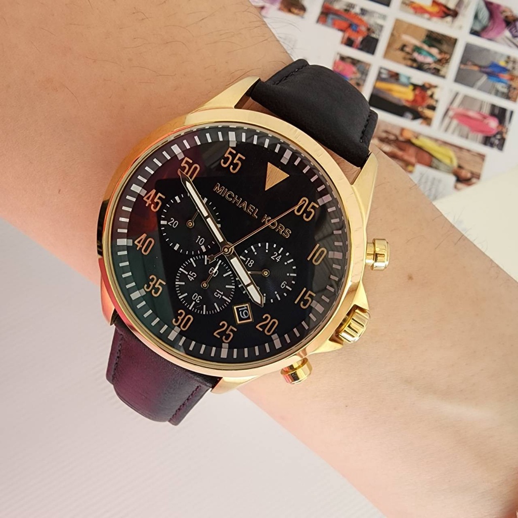 ⌚พร้อมส่งนาฬิกาชาย Michael Kors Men's Gage Gold-Tone and Black Leather Watch ใส่ได้ทั้งชายหญิง หน้าปัดดำขอบทอง MK8618