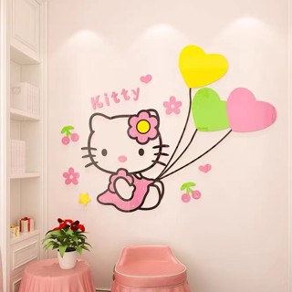 สติกเกอร์วอลเปเปอร์อะคริลิค ลายการ์ตูน Hello Kitty Cat 3d สําหรับติดตกแต่งผนังห้องนอนเด็ก