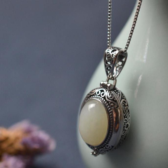 Original Craftsmanship s925 เงินฝัง Hetian หยก Kava กล่องซองเม็ดหอม Sutra Amulet กล่องเงินจี้