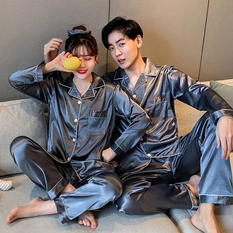 🔥ชุดนอนผ้าซาตินขายาว สีพื้น ชาย-หญิง M-2XL ชุดนอนผู้หญิง ชุดนอนผู้ชาย🔥 #S11