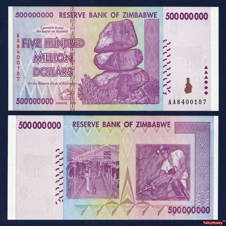 ธนบัตร ซิมบับเว ZIMBABWE ราคา 500,000,000 (ห้าร้อยล้าน) ดอลลาร์ P-82 รุ่นปี 2008 ใหม่เอี่ยมไม่ผ่านกา