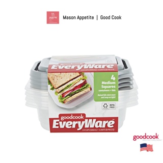 10842 GoodCook 2.9-Cup Food Container Medium Square 4PC Set ชุดกล่องอาหาร สี่เหลี่ยมจตุรัส 4กล่อง+4ฝา กู๊ดคุก 2.9C