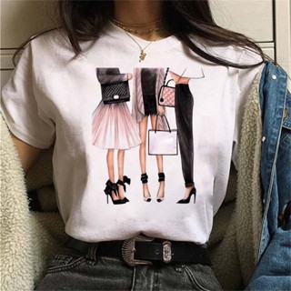 เสื้อยืด  Summer Women  Print Casual Women T-shirt  Streetwear T Shirt White Short-sleeved Tops Tees Ladies Tsh