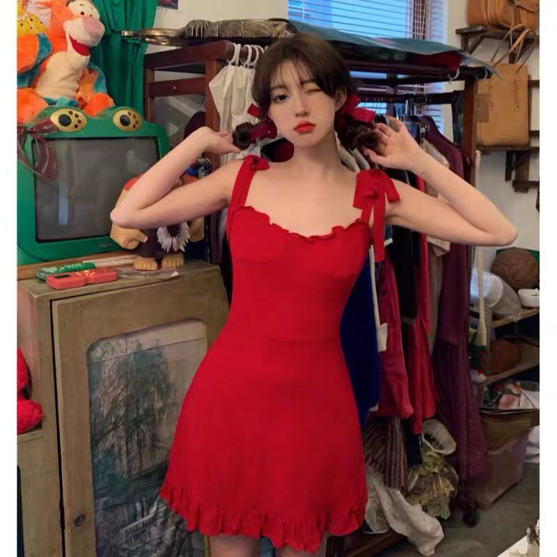 ﹍Blackpink Rose Korean retro style Sexy vocation red Ruffle Strap Dress French Vintage Lace Bow Mini Dresses #6