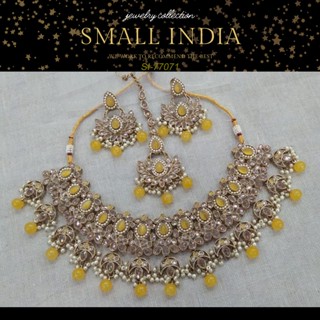 {**ส่งฟรี**} SMALL INDIA 🏵️ Gold Plated Kundan Necklace Set สร้อยคอพร้อมต่างหูกับติ๊กก้า 🏵️ Women Jewelry Set