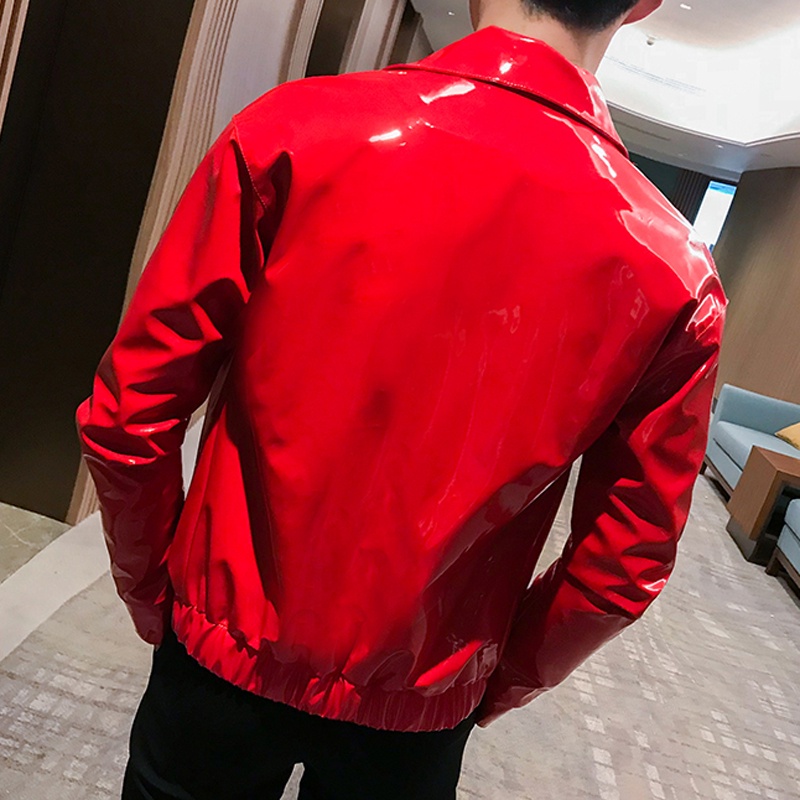 BShinny Leather Jacket for Men Punk Fashion Autumn Winter Red Black Singer Dance Club Party Stage Costume Men Bomber Coa #3