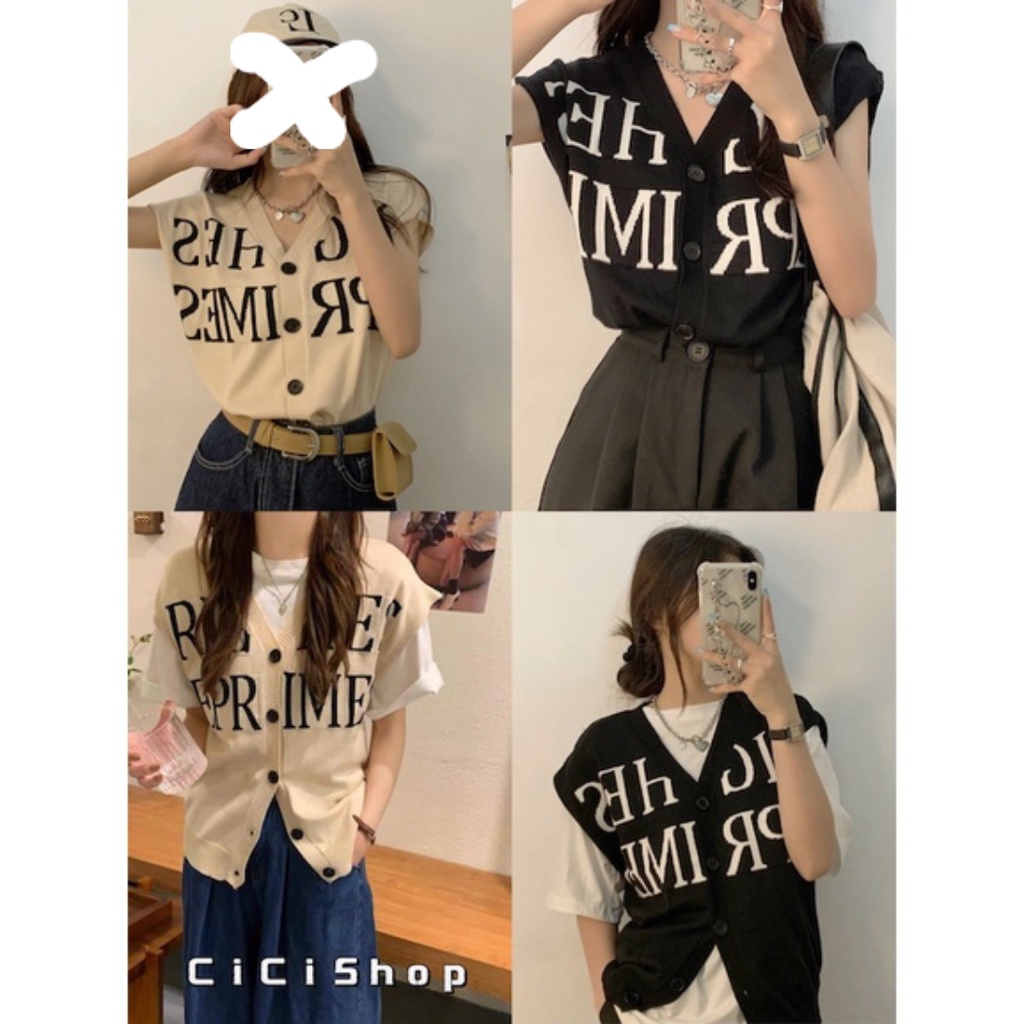 ส่งทันที Cici(NO. 94112)เสื้อไหมพรมแขนกุดแต่งกระดุมหน้า ปักลายอักษร ยืดได้เยอะผ้านุ่มนิ่มใส่สบายดีไซน์เก๋