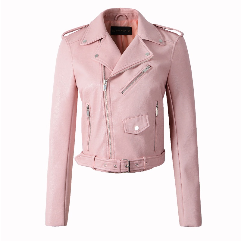 FTLZZ Zipper PU Leather Jacket Short Pink Motorcycle Jackets With Belt Classic Basic Spring Women Faux Leather Outwear #5