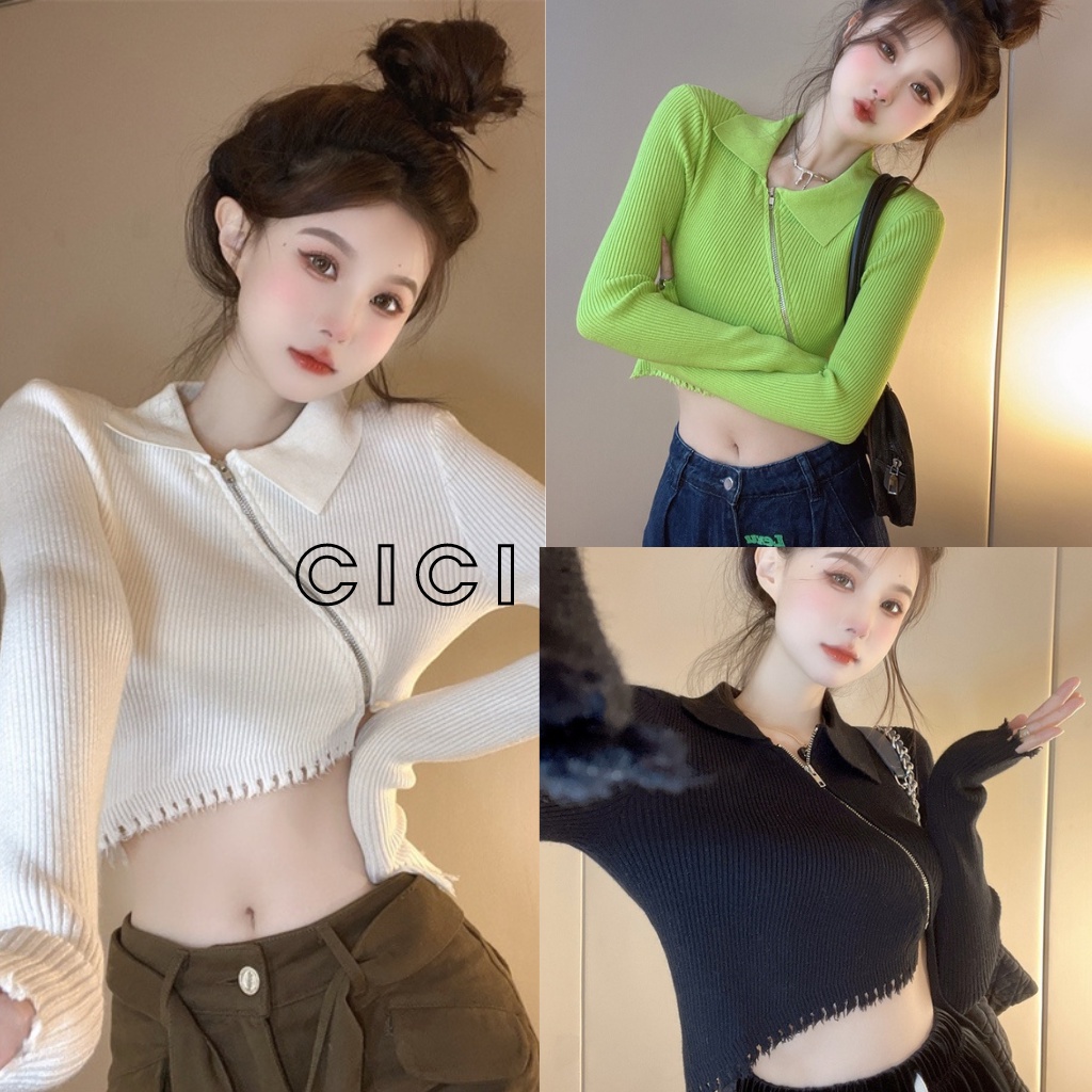 ส่งทันที Cici(NO. 71028)เสื้อไหมพรมแขนยาวคอปก มีซิปหน้าแบบเฉียงมีกิมมิคสุด แต่งชายเสื้อแบบเก๋ๆ