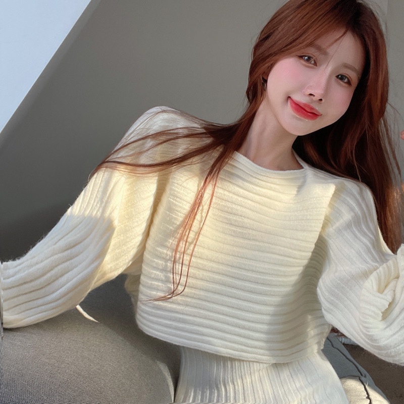 เสื้อกันหนาว เปิดไหล่ ผ้าถัก สไตล์เกาหลี แฟชั่นฤดูใบไม้ร่วง และฤดูหนาว สําหรับผู้หญิง