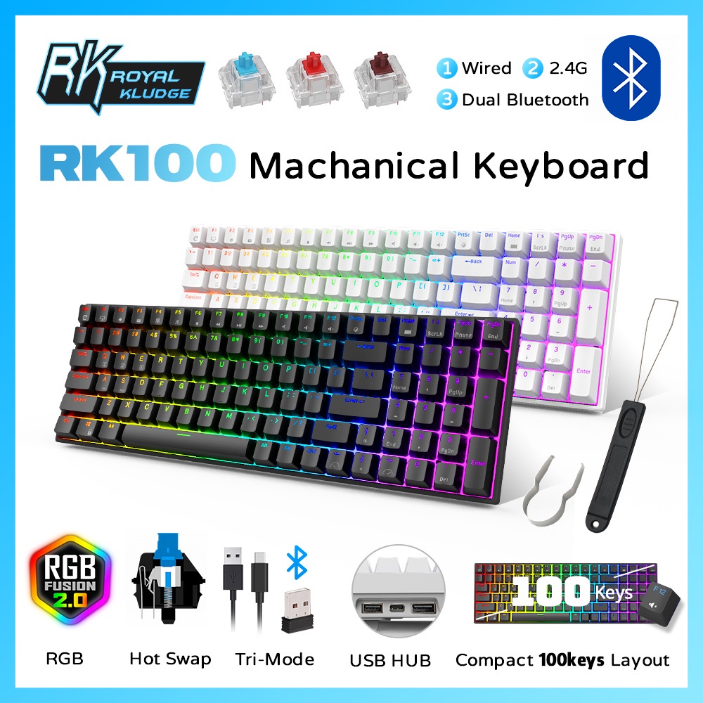 ROYAL KLUDGE RK100 Mechanical Gaming Keyboard Wireless Bluetooth/2.4Ghz
