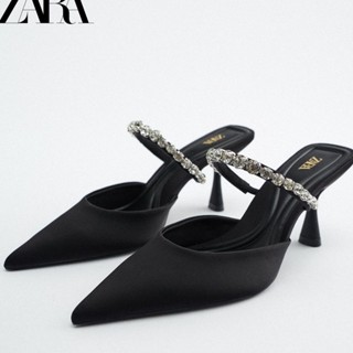 Zara รองเท้าผู้หญิงผ้าซาติน rhinestone รองเท้าแตะกริช