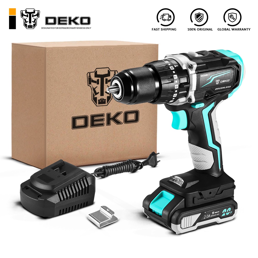 DEKO DKCD20BL-LI 20V Cordless Brushless Hammer Impact Drill with 2 ...