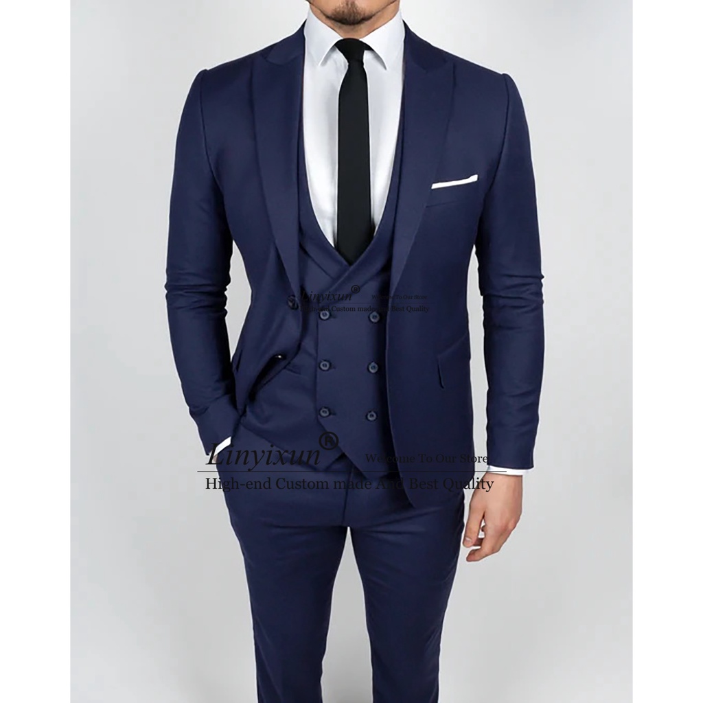 Casual Navy Blue Mens Suits Professional Business Blazer Slim Wedding Groom Tuxedo 3 Piece Jacket Vest Pants Set Terno M #4