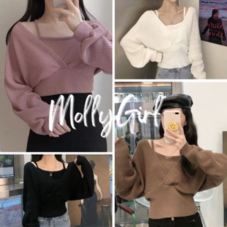 Mollygirl เสื้อไหมพรมคอวีแขนยาว แต่งสายเดียวด้านใน เสื้อกันนหนาว  3010