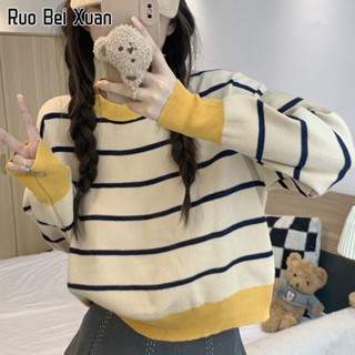 RUO BEI XUAN เสื้อสเวตเตอร์คอกลมแขนยาวลายทางสำหรับผู้หญิง