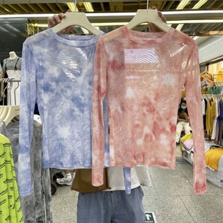 เสื้อยืดลําลอง คอกลม แขนยาว ผ้าตาข่าย แบบบาง สีมัดย้อม แฟชั่นฤดูร้อน สําหรับสตรี