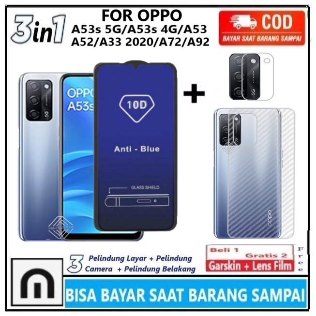 LAYAR 3in1 กระจกนิรภัยแพคเกจ Oppo A53s 5G A53s 4G A53 A52 A31 A32 A33 2020 A72 A92 Full Cover Anti-S