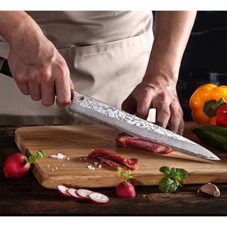 มีดซูชิ Sushi Sashimi knife, Yanagiba chef knife มีดเชฟญี่ปุ่น ใบ 11" เหล็ก Japan AUS-10 Damascus ด้าม Ebony พร้อมฝักไม้