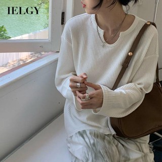 IELGY เสื้อแขนยาว คอยู วาฟเฟิล บาง สําหรับผู้หญิง