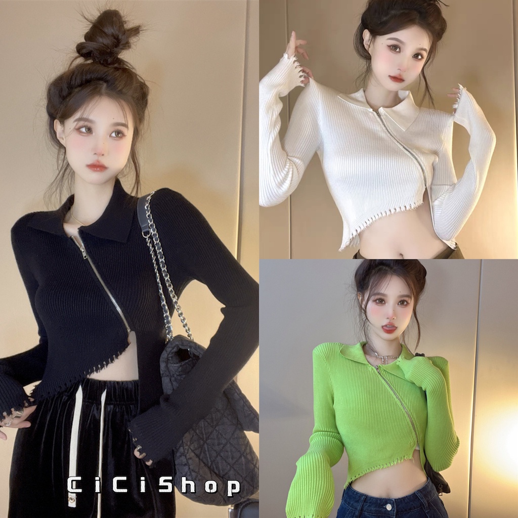 Cicishop(71028)เสื้อไหมพรมแขนยาวคอปก มีซิปหน้าแบบเฉียงมีกิมมิคสุด แต่งชายเสื้อแบบเก๋ๆ