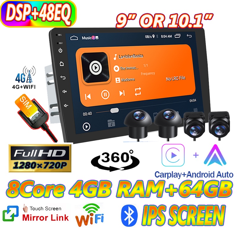 Ts18【octa Core 4GB RAM+64GB】กล้องพาโนรามา NETWORK SIM 360 หน้าจอ IPS 1280P เครื่องเล่น Android 2 Din 9 10.1 นิ้ว วิทยุสเตอริโอ DSP+48EQ FM&amp;AM WIFI GPS สําหรับรถยนต์