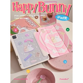 Happy bunny IPad case เคสไอแพดฝาพับสามทบสีชมพูพิมพ์ลายกระต่ายทั้งหน้าหลัง