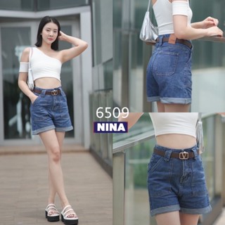 👖NN-ST🌟#6509 กางเกงยีนส์ขาสั้น ผ้าไม่ยืด มาพร้อมเข็มขัด หัวทอง สวยหรู กางเกงผ้าไม่ยืดปลายขาพับ เอวสูง งานฟอกเข้ม