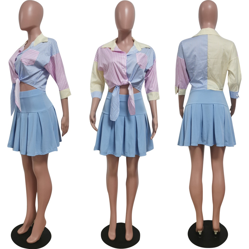 CM.YAYA Women Skirts Sets Patchwork Full Sleeve Shirt Solid Empire Mini Pleated Skirt 2 Piece Set Female Street Casual C #4