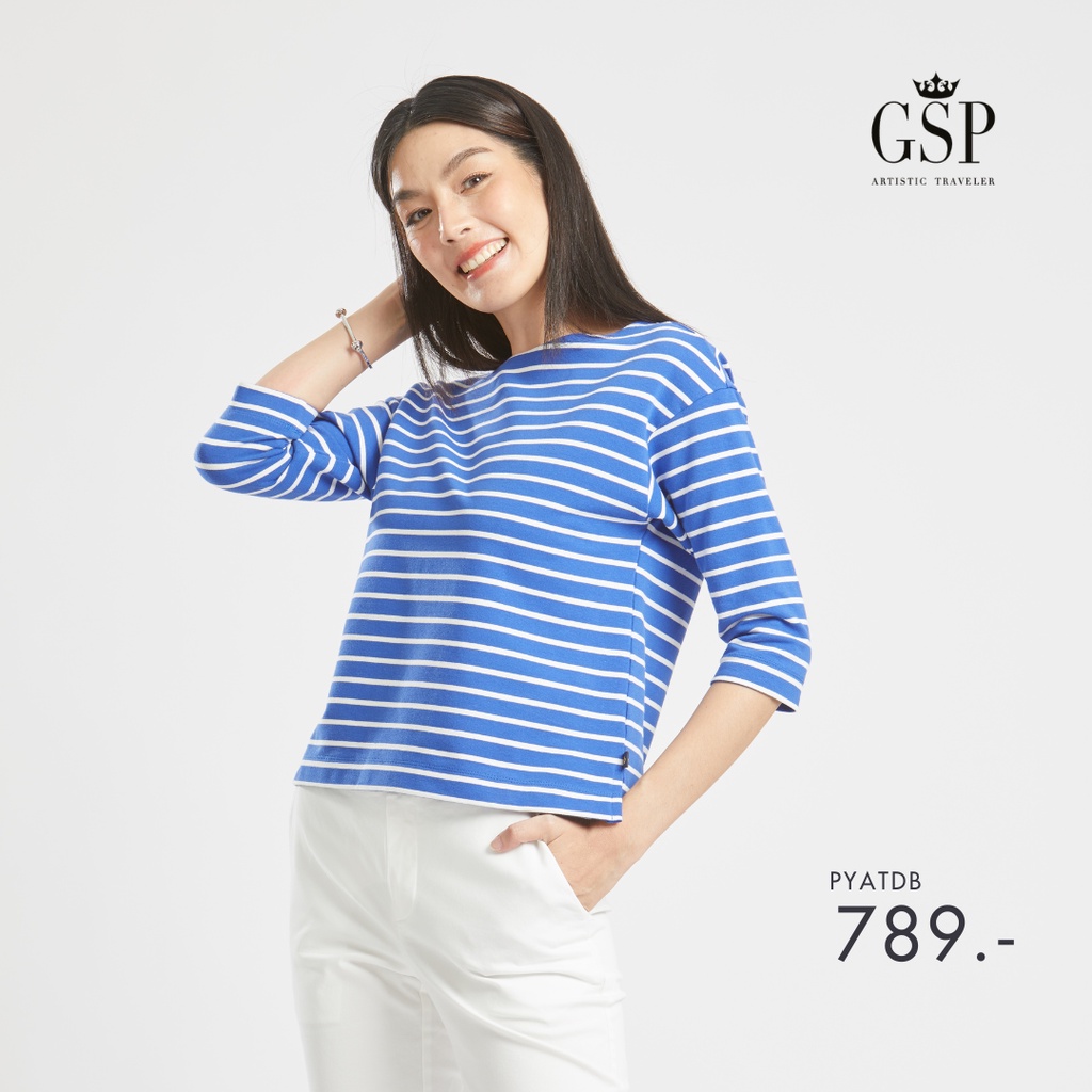 GSP เสื้อยืด เสื้อยืดผู้หญิง Blouse แขนยาวลายริ้วสีขาวกรม Lucky Stripes (PYATDB)