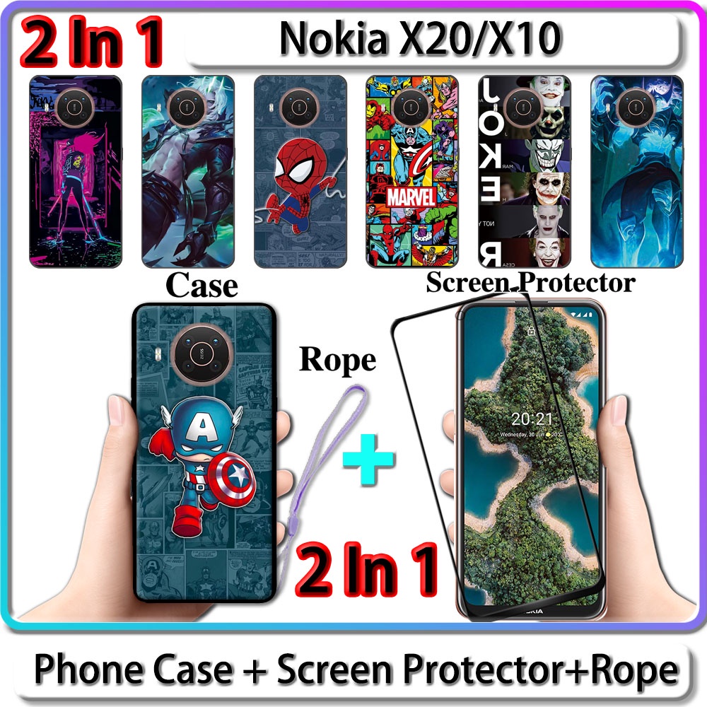 เคส Nokia X20 X10 2 IN 1 พร้อมกระจกกันรอยหน้าจอเซรามิกแบบโค้ง LOL และดีไซน์ฮีโร่
