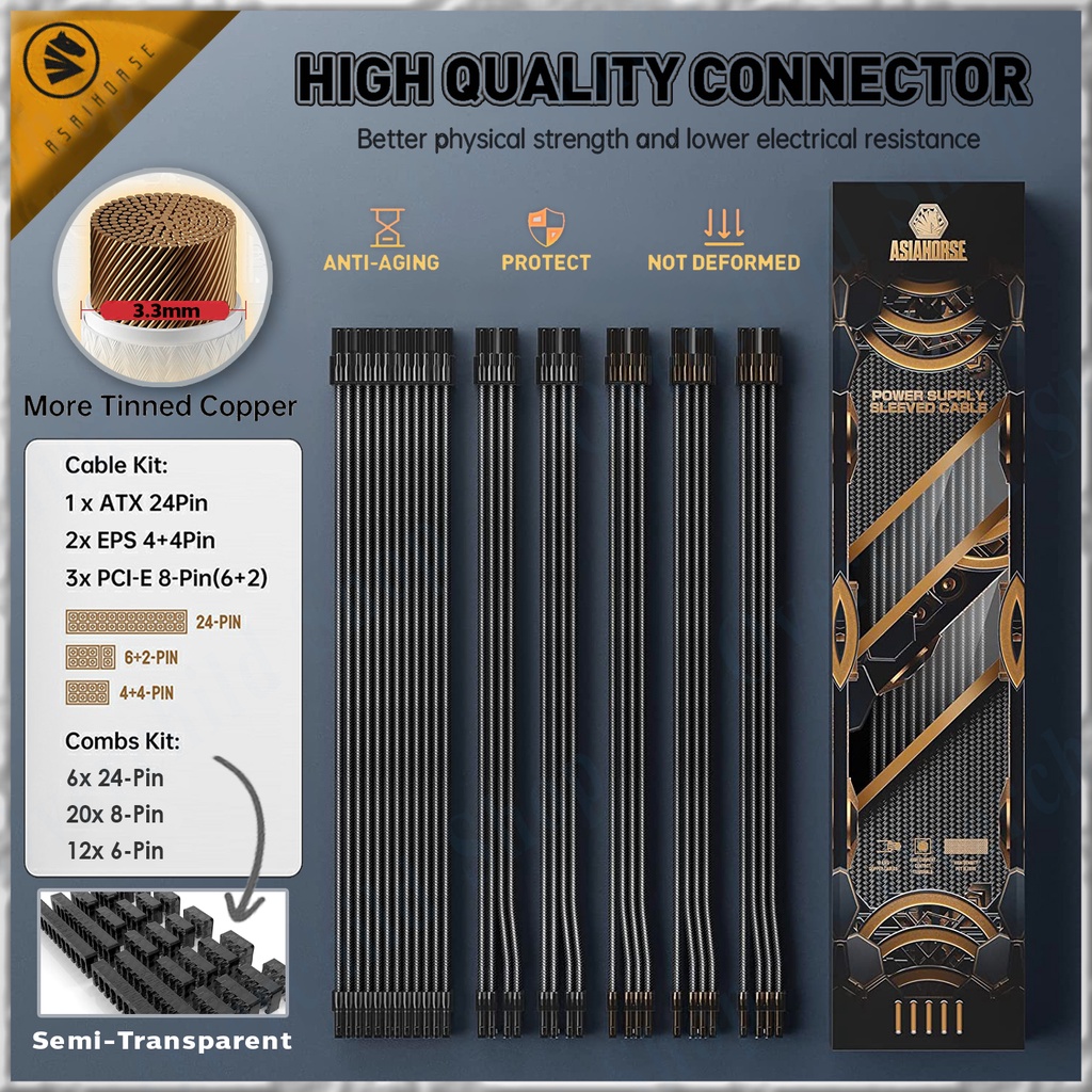 สายถักเพาเวอร์ซัพพลาย คุณภาพสูง ครบชุด  AsiaHorse Sleeved Cable Kit, 16 AWG PSU Extension - Black