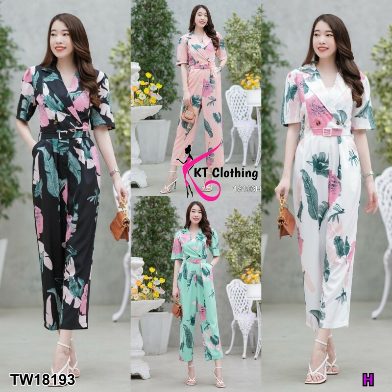 TT18193 Jumpsuit จั้มสูทขายาว คอปก ลายใบไม้ + สายผูกเอว Jumpsuit, long leg jumpsuit, collar, leaf pattern + waist tie