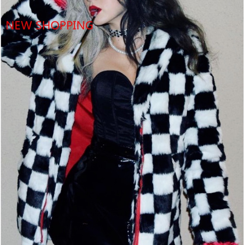 Goth Punk Jacket Women Loose Long Sleeve White Black Checkerboard Plaid Jacket Casual Hip Hop Jackets Faux Rabbit Fur Co #4