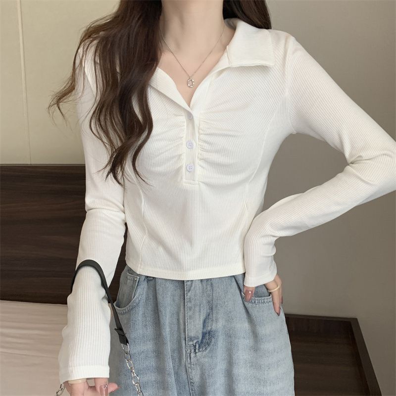 เสื้อยืดแขนยาว คอปกโปโล เข้ารูป เอวสูง สีขาว สไตล์บอททอม สําหรับผู้หญิง สินค้าใหม่