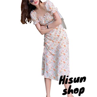 ชุดเดรสแขนสั้น คอสี่เหลี่ยม พิมพ์ลายดอกไม้ สีส้ม สําหรับผู้หญิง ไซซ์ S M L XL XXL