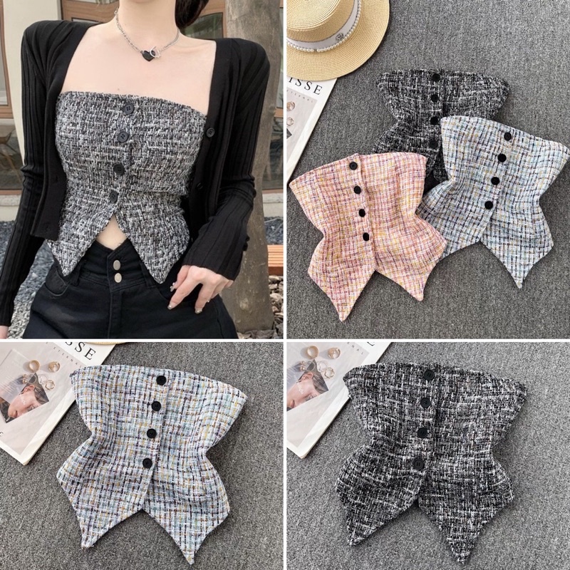 พร้อมส่ง/3สี เกาะอกสม็อค เกาะอกแฟชั่น เกาะอกไหมพรม เกาะอกดันทรง เสื้อสายฝอ ครอปy2k ครอปสายฝอ เสื้อy2k 3969