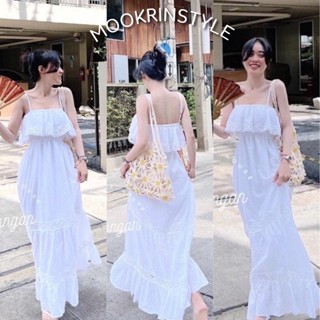 🕊Mookrinstyle🕊เดรสสีขาว เดรสยาวสายเดี่ยว white dress เดรสไปทะเล ชุดไปทะเลผู้หญิง ชุดสีขาว Maxidress