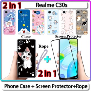 2 IN 1 เคสเซรามิค ป้องกันหน้าจอ พร้อมกระจกนิรภัย ลายแมวและโดราเอมอน สําหรับ Realme C30s