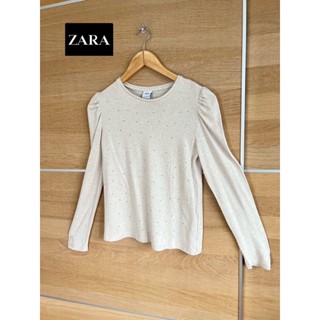 ZARA x cotton x ของเด้ก 13-14 ปี ป้ายครบ สีครีม ทรงไหล่ยกน่ารัก ประดับเพชร อก 32 ยาว 21 • Code : 398(11)