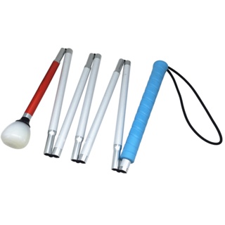 125cm- 155cm, 7-Section Aluminum Blind Cane,Reflective White and Red, Folding Walking Stick for Blind People, Blue Handl