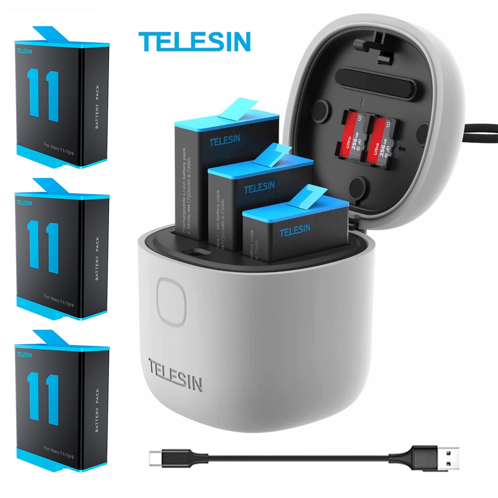 Telesin Allin กล่องชาร์จแบตเตอรี่ 1750mAh สีดํา 3 ทาง สําหรับ GoPro Hero 12 11 10 9