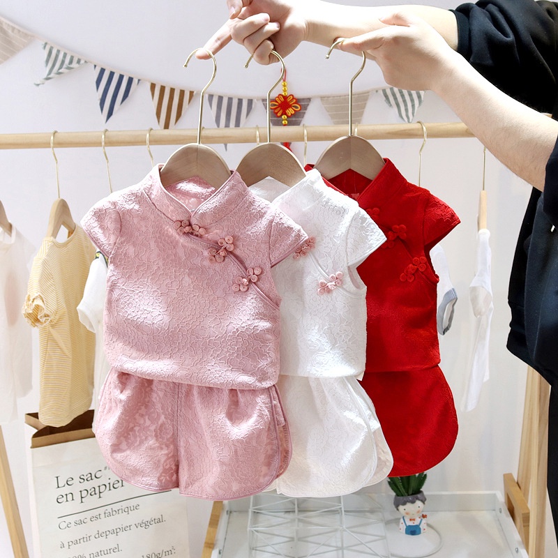 Retro สาว Cheongsam ชุดจีนปีใหม่เสื้อผ้าเด็กชุดลูกไม้เด็กวัยหัดเดินชุดสําหรับ CNY 0-4Y