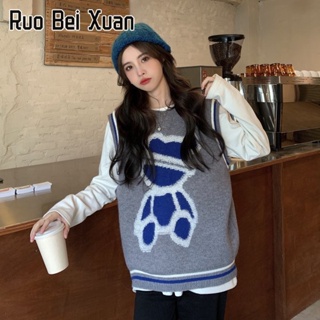 RUO BEI XUAN เสื้อกั๊กถักผู้หญิงเกาหลีพิมพ์แขนกุดหลวมสบาย ๆ เสื้อกั๊กถัก