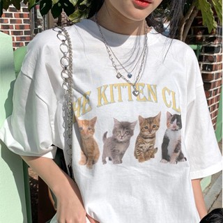 PUDO Kawaii Kitten Club ผู้หญิง T เสื้อ Streetwear ผ้าฝ้ายสีขาวแขนสั้น Femme ขนาดใหญ่ Graphic Tee น่ารัก Grunge Tops