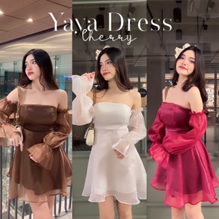 Yaya Dress เดรสเปิดไหล่ผ้าแก้ว แขนพอง มีฟองน้ำ สม็อคหลัง