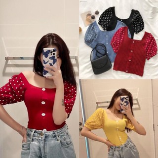 Ey_shop688#พร้อมส่ง✨962-5#เสื้อแฟชั่นผ้าไหมพรมกระดุมหน้า4เม็ดเเขนสั้น #เสื้อแขนตุ๊กตาเข้ารูปผ้ายืดได้