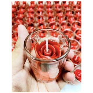 เทียนแก้ว ดอกกุหลาบสีแดงล้วนงานปั้นด้วยมือ ทางร้านทำเองทั้งหมด