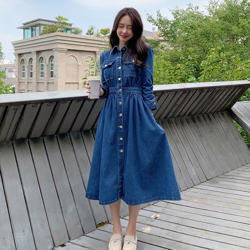 Fashion Women's Dress 2022 Autumn New Korean Style Temperament Waist Slimming Elastic Waist Big Swing Skirt Long Den #2